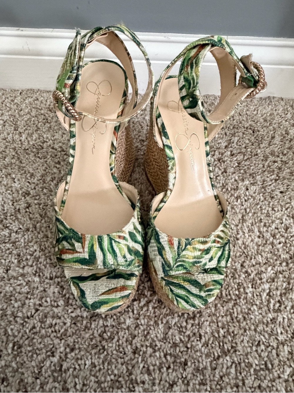 Jessica Simpson Green Leaf-Print Wedge Sandals with Ankle Strap - Picture 2 of 6